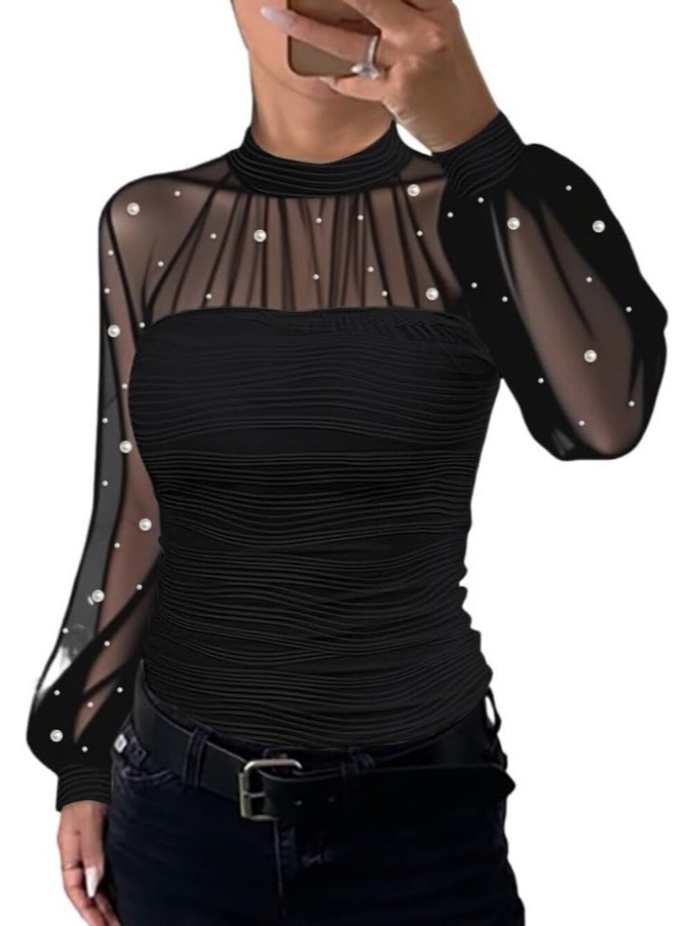 Women's Black Pearls Decor Long Sleeve Blouse Mesh Spliced Textured Shirt Top
